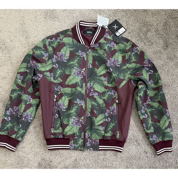 GSTQ Jacket Mens Small Burgundy Green Floral Bomber MSRP $349Lightweight Zip Up - Picture 1 of 10